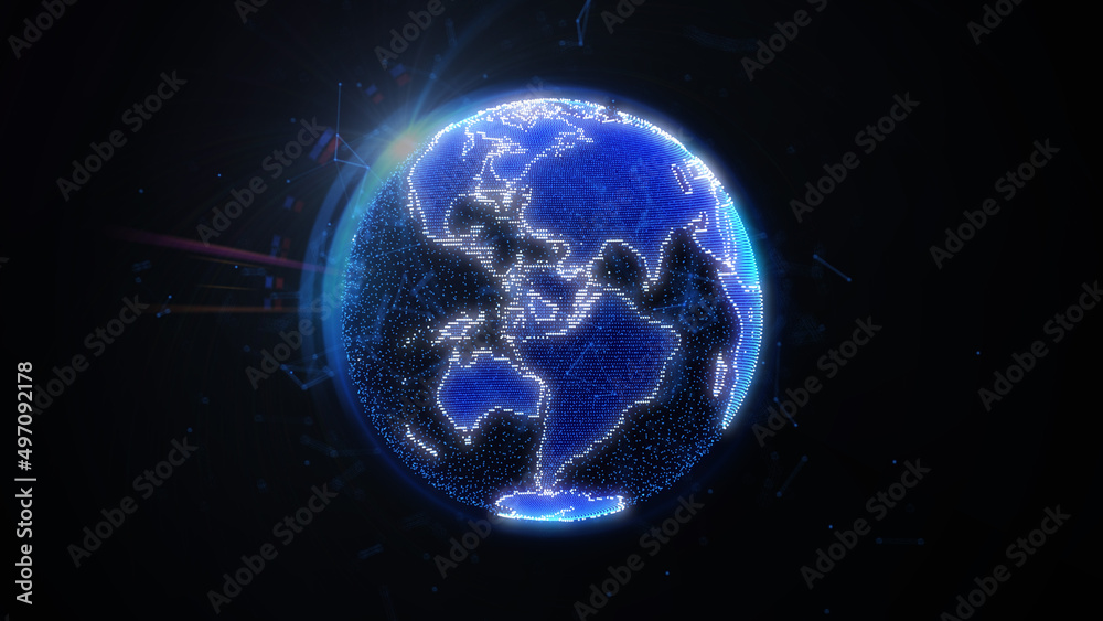 Poster abstract 3d rendering blue earth global science futuristic flare rotation in galaxy concept graphic 