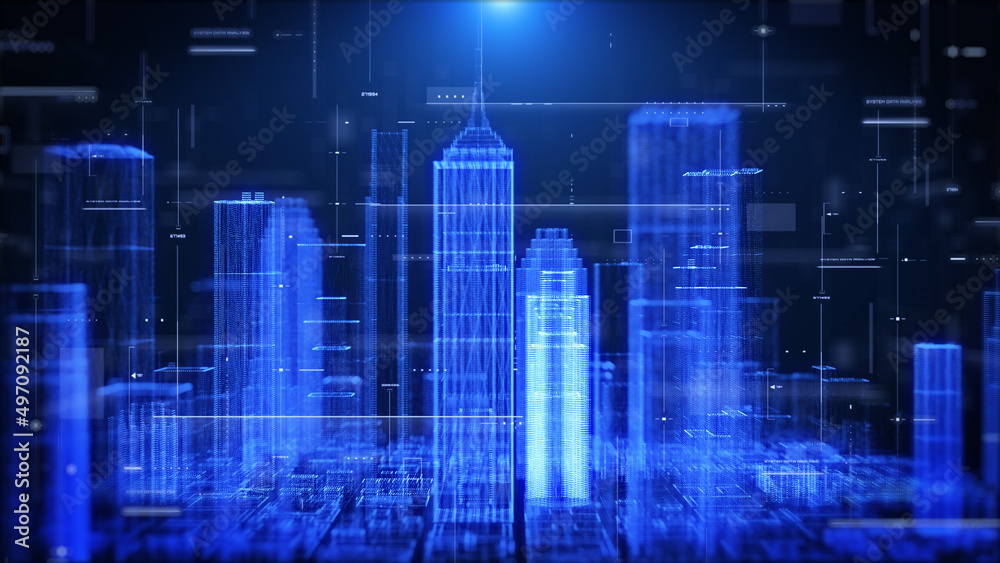 Poster Blue Abstract 3D Rendering Digital Skyscraper Futuristic Metropolis Hologram Concept. Rotation Building Cyber Space Technology Connection Illustration Background.