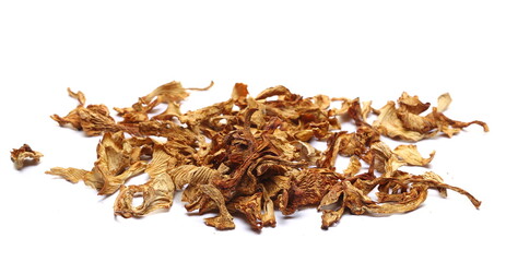 Obraz premium Dried chanterelle mushroom, (Cantharellus cibarius) isolated on white