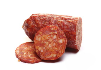 Salami sausage slices isolated on white
