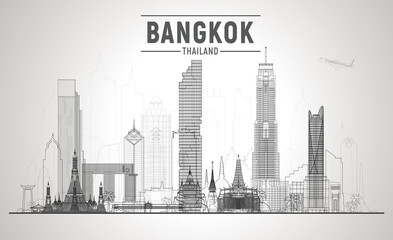 Bangkok skyline. Vector illustration. line City landscape on a background. - obrazy, fototapety, plakaty
