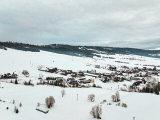 Aerial view of the village of Zdiar and the High Tatras in Slovakia