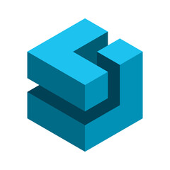 Abstract blue 3D cube. L and L letter logo. Solution concept. Construction, architecture element. Two bricks forming cube. Block puzzle pieces fit together. Vector illustration, isometric, clip art. 