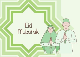 Eid Mubarak Muslim men and women greeting side by side with copy space, hand drawn style with thin outlines, flat illustration