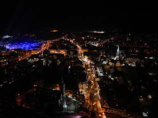 Aerial night view of the city of Zakopane in Poland