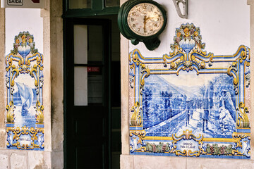 Azulejos showing the douro river and the vineyards at Railway station of Pinhao, Douro Valley, in Portugal	