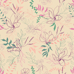 Spring seamless pattern with contour flowers on a beige background. vintage texture for dress fabric, bed linen and home textile.