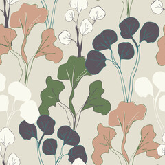 Seamless autumn pattern with stylized trees on a gray background. Textile print for fabric and paper for decoration