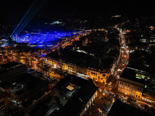 Aerial night view of the city of Zakopane in Poland