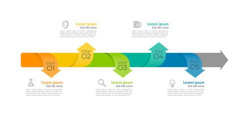Business process chart infographics with 5 step, timeline infograph elements. Company presentation slide template. Modern vector info graphic layout design.