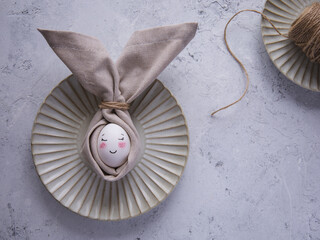 Easter table decoration. Easter painted egg. Bunny. Cute and funny. Easter table setting. Scandinavian style. 