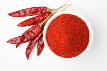 Indian spice Red chilli powder in white ceramic bowl