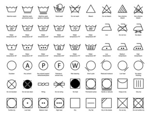 Laundry icons set. International washing instruction symbols. Laundry Care outline icon. Vector illustration
