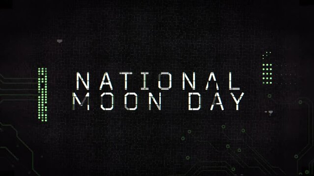 National Moon Day on neon screen and HUD elements, motion abstract futuristic, cosmos and sci-fi style background