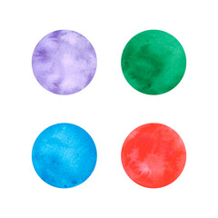 Set of watercolor textured circles with a smooth edge: green, turquoise, red, purple. Painted by hand, isolated on a white background.