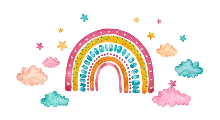 Fototapete Watercolor rainbow with clouds and stars. Cute pastel abstract rainbow isolated on white background in childish scandinavian style. Printable poster for kids prints, cards, fabric,  textile © Katy's Dreams