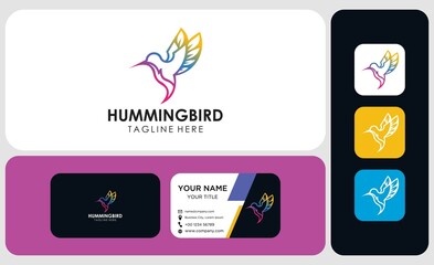 Package logo design and business card. abstract colorful hummingbird logo, outline vector icon illustration