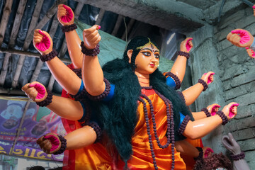Kolkata, West Bengal, India - 7th October 2018 : Clay idol of Goddess Durga, under preparation for...