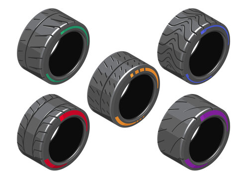 Auto tire in isometry. Set of car tires with different treads. Different 3d auto tire. Auto tire icons on white background. Tire clipart with different tread pattern. EPS 10 vector illustration