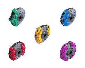 Clipart of brake disks. Set of brakes in isometrics. Game style of different brakes. Detail of the wheel hub. Sports brakes of different colors. Brake discs. Vector illustration EPS 10