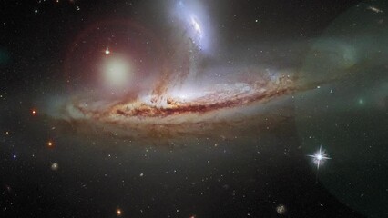 Galaxy exploration through outer space towards glowing stars field in outer space universe. Based on image furnished by Nasa