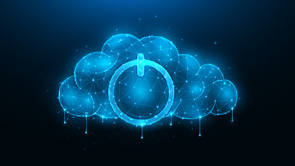 Polygonal vector illustration of a cloud with a power symbol on a dark blue background. The concept of cloud computing and data storage.