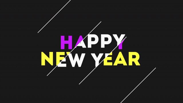 Happy New Year with white lines on black color, motion holidays and promo style background for New Year and Merry Christmas