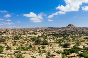 Fototapeta na wymiar Laas Geel, Somaliland - November 10, 2019: Panoramic View from the Las Geel Caves to the Around Valley
