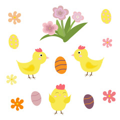 Easter set. Yellow chickens, flowers, colored eggs. Vector.