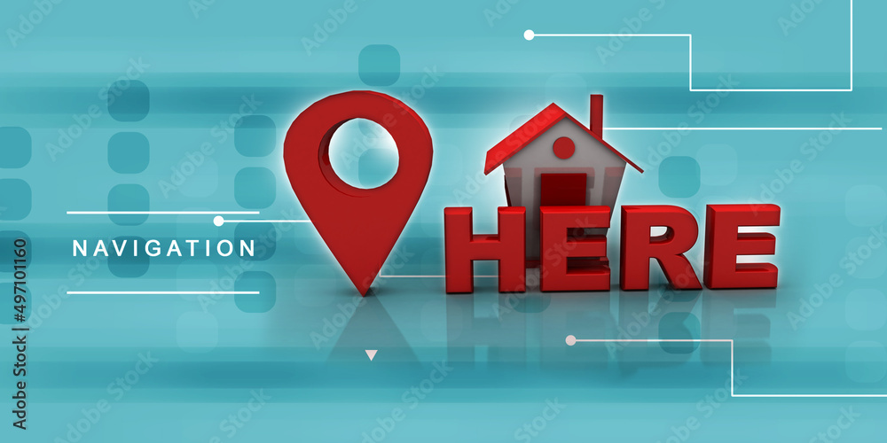 Poster 3d illustration search for property. a map with large red gps pointer containing home