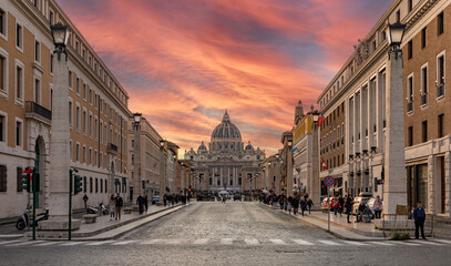 Fototapeta na wymiar Saint Peter's Basilica and Via della Conciliazione at Sunset
