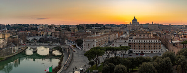 Vatican and Tiber River Sunset Panorama
