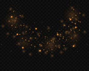 Sparkling golden particles, glowing bokeh lights isolated on dark transparent background