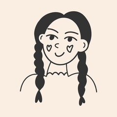 Girl icon. Black and white clipart. Icon for the site. Flat design, cartoon, vector illustration. All elements are isolated.
