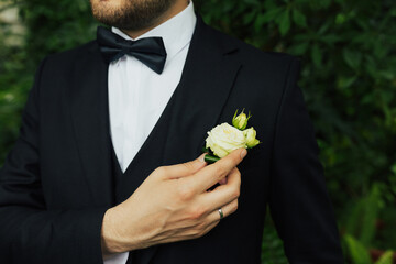 Close-up of the groom's boutonniere from white roses, bow, white shirt and black jacket. Bearded groom adjusting the boutonniere - obrazy, fototapety, plakaty