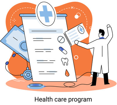 Medical insurance, health care program, shield with cross, hospital services, preventive check up, sick leave certificate, volunteer enrollment project. Online medical services, protection medicine