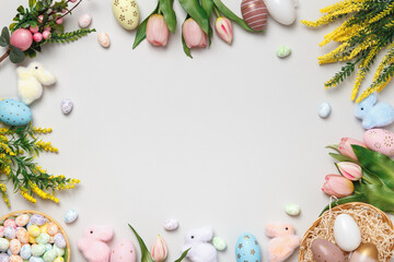 Naklejka na ściany i meble Easter concept. Frame of eggs in a basket, flowering branches of toy rabbits on a gray background.