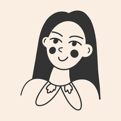 Girl icon. Black and white clipart. Icon for the site. Flat design, cartoon, vector illustration. All elements are isolated.