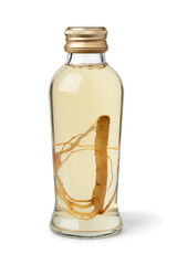 Glass bottle with Ginseng drink and ginseng root isolated on white background close up
