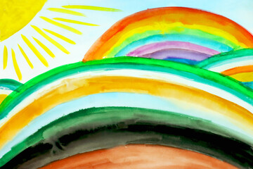 children's drawing. drawn with pencils, wax, pastel on paper.