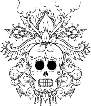 Dia de los muertos. Doodle skull, colouring book
