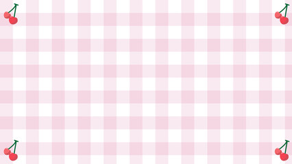 cute red cherry on pink checkered, gingham, plaid pattern background