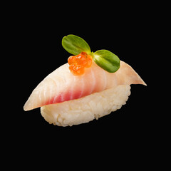 japanese nigiri sushi with perch, red caviar, microgreens. isolated on black background