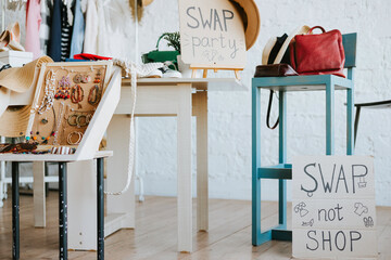 swap party for try on clothes, bags, shoes and accessories, friends change clothes, second hand and...