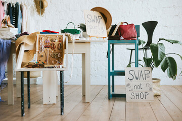 swap party for try on clothes, bags, shoes and accessories, friends change clothes, second hand and...