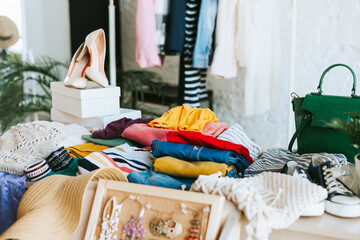 swap party for try on clothes, bags, shoes and accessories, friends change clothes, second hand and...