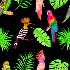 Seamless watercolor tropical pattern of birds and plants.