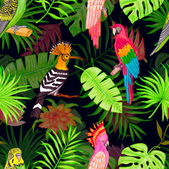Seamless watercolor tropical pattern of birds and plants.