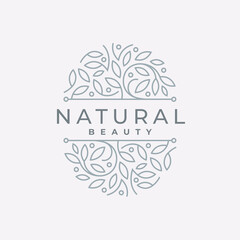 Fototapeta na wymiar Floral pattern logo. Flower and leaves line icon. Natural beauty boutique emblem. Vector illustration.