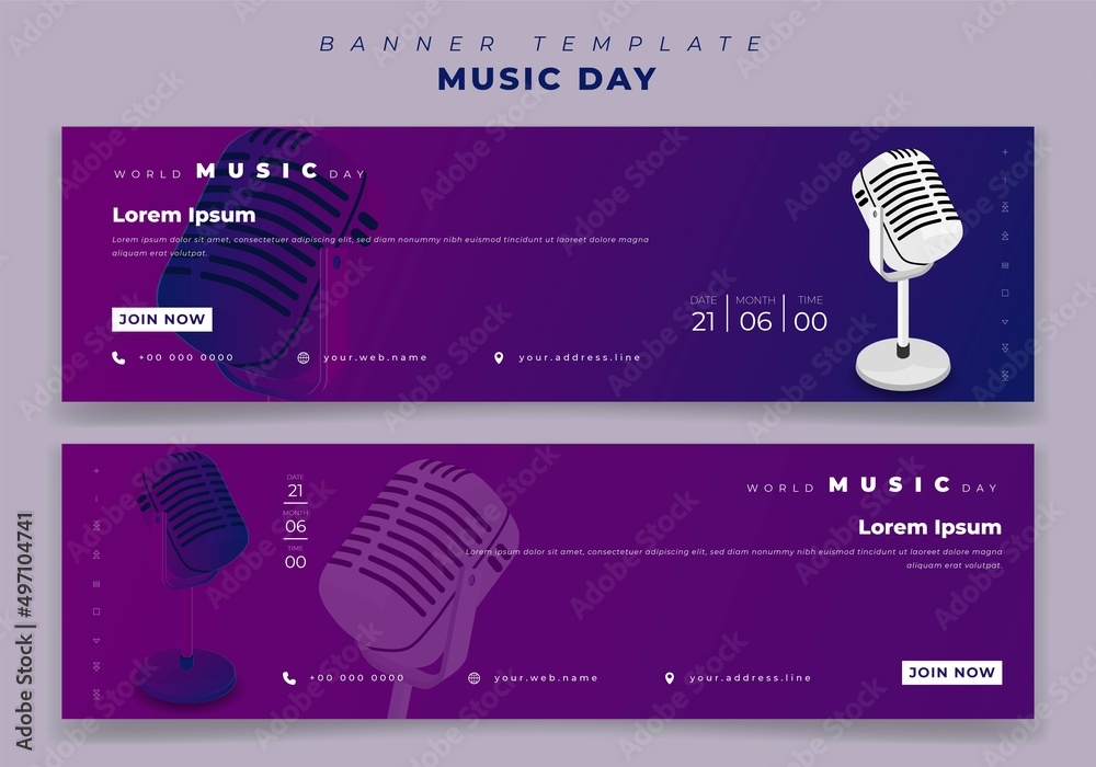 Wall mural landscape banner template for world music day in purple background with microphone design